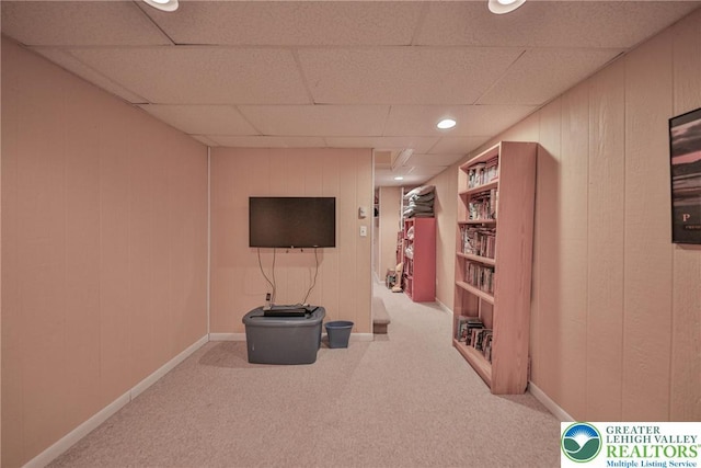 106 Fernwood Dr, Forks Twp, PA 18040 - finished basement featuring carpet flooring, wooden walls, recessed lighting, and a drop ceiling