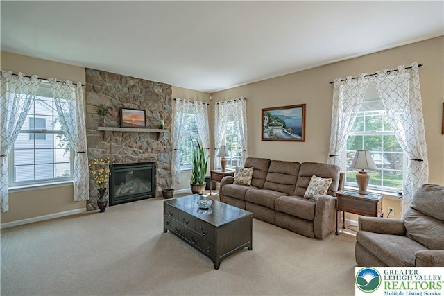 3213 Overlook Dr, Lower Macungie Twp, PA 18049 - living area featuring light carpet and a stone fireplace