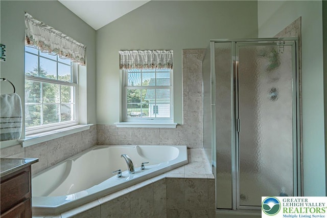 3213 Overlook Dr, Lower Macungie Twp, PA 18049 - full bath featuring a stall shower, a bath, lofted ceiling, and vanity