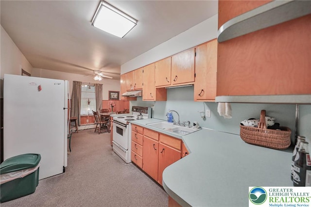 60 Maple Dr, Lower Towamensing Tp, PA 18071 - kitchen featuring white appliances, light countertops, ceiling fan, light carpet, and under cabinet range hood