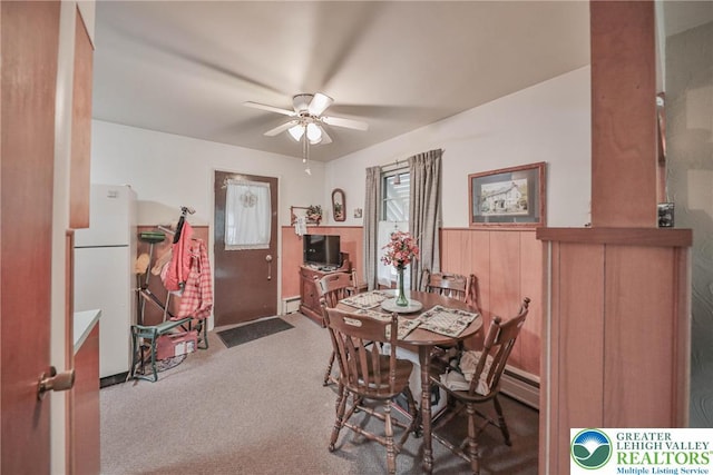 60 Maple Dr, Lower Towamensing Tp, PA 18071 - carpeted dining space featuring a ceiling fan and a baseboard radiator