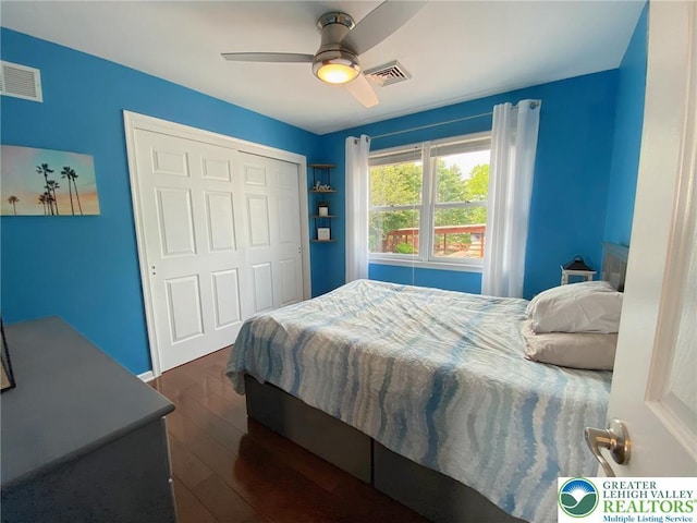 5545 Roberts Rd, North Whitehall Twp, PA 18078 - bedroom with dark wood finished floors, a closet, and ceiling fan