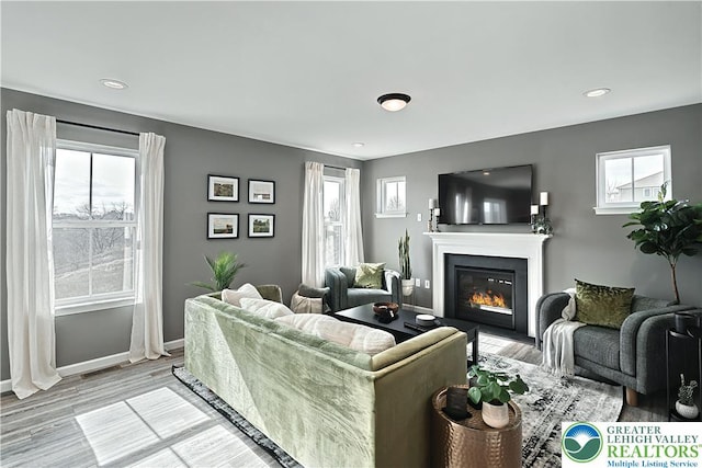 3220 Eisenhower Dr, Allen Twp, PA 18067 - living area featuring a glass covered fireplace, light wood-type flooring, and recessed lighting