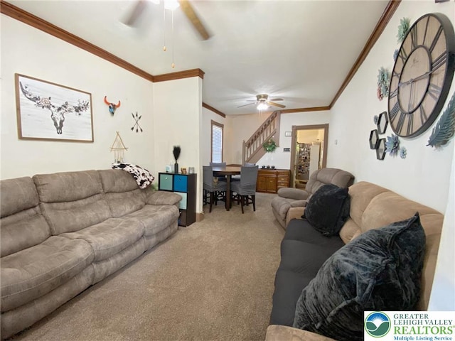 1139 Jackson St, Easton, PA 18042 - living area featuring a ceiling fan, crown molding, carpet floors, and stairway