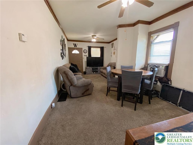 1139 Jackson St, Easton, PA 18042 - dining space featuring a ceiling fan, ornamental molding, carpet floors, and cooling unit