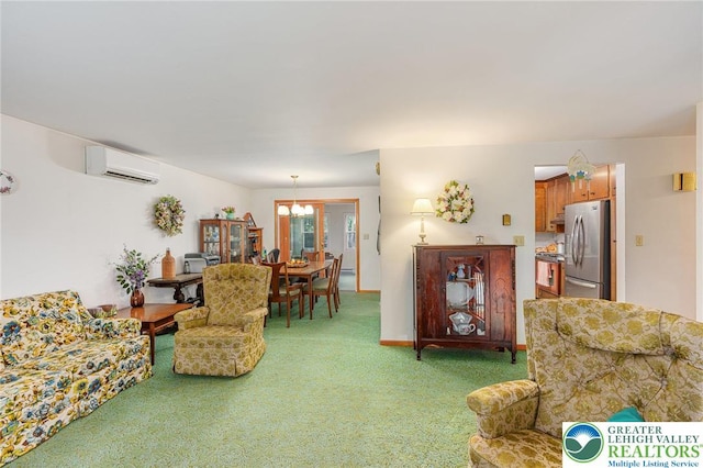 2560 Community Dr, Moore Twp, PA 18014 - living area with a wall mounted air conditioner, light colored carpet, and a chandelier
