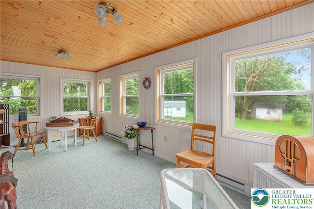 2560 Community Dr, Moore Twp, PA 18014 - sunroom / solarium with crown molding, carpet floors, a baseboard radiator, and wood ceiling