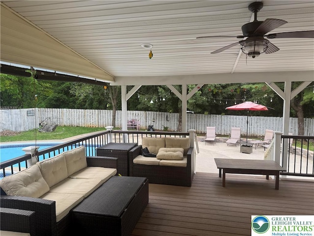 4410 Greenfield Rd, Hanover Twp, PA 18017 - deck with outdoor lounge area, a fenced backyard, and a ceiling fan