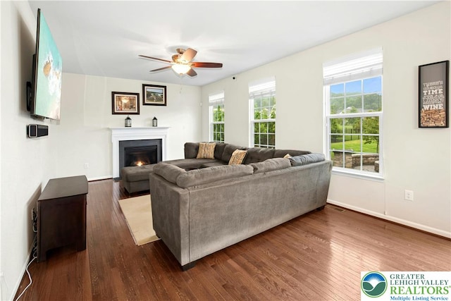 3526 Clarinbridge Way, Upper Saucon Twp, PA 18034 - living area with a ceiling fan, dark wood-style floors, and a lit fireplace