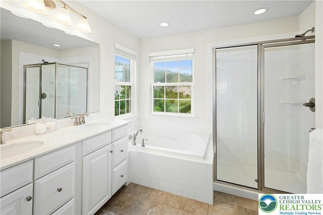 3526 Clarinbridge Way, Upper Saucon Twp, PA 18034 - bathroom with a stall shower, a bath, double vanity, and recessed lighting