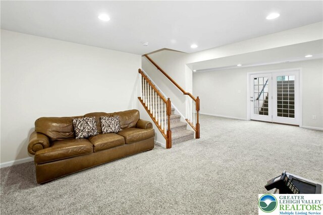3526 Clarinbridge Way, Upper Saucon Twp, PA 18034 - living room with carpet flooring, stairway, and recessed lighting