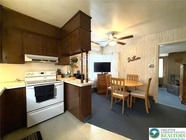 619 Penn Dr, West Penn Twp, PA 18252 - kitchen featuring white range with electric cooktop, extractor fan, light countertops, and ceiling fan