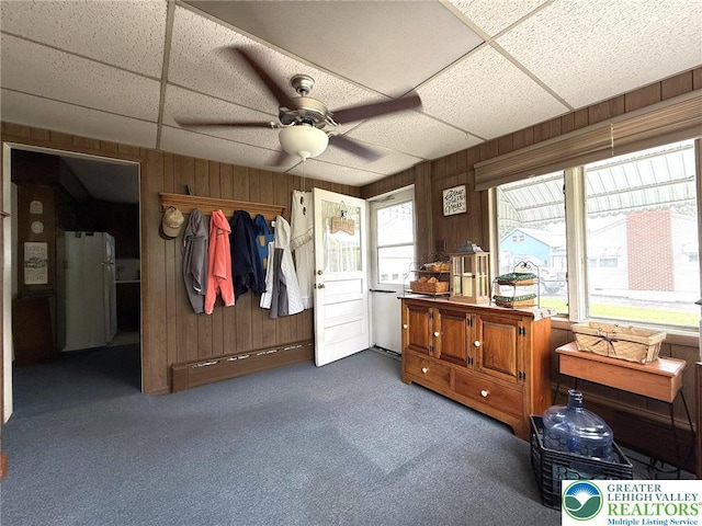 619 Penn Dr, West Penn Twp, PA 18252 - carpeted bedroom featuring a paneled ceiling, wood walls, a closet, and ceiling fan