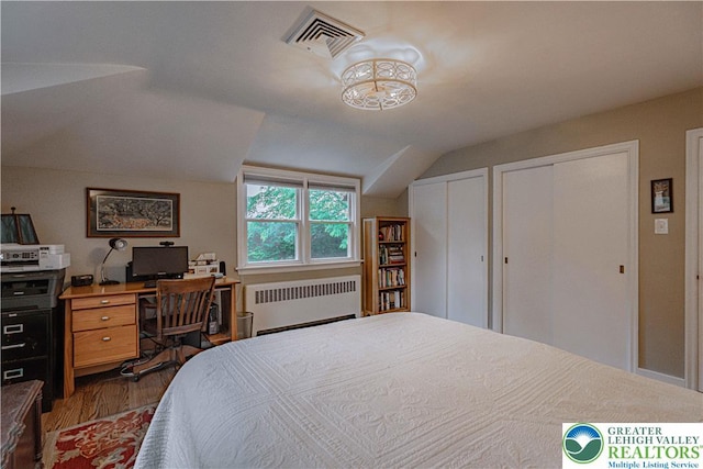326 N Main St, Allentown City, PA 18104 - bedroom featuring radiator heating unit, lofted ceiling, multiple closets, and dark wood-type flooring
