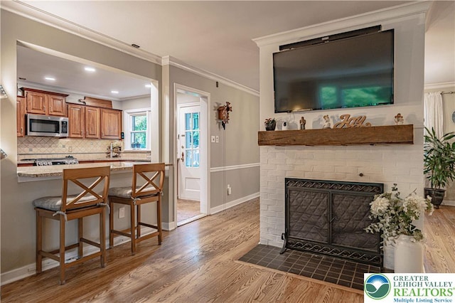 326 N Main St, Allentown City, PA 18104 - living room with wood finished floors, ornamental molding, and a brick fireplace