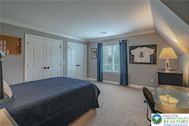 3054 Jordan Rd, North Whitehall Twp, PA 18069 - bedroom with two closets, light carpet, and crown molding