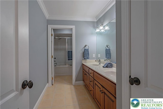 3054 Jordan Rd, North Whitehall Twp, PA 18069 - full bathroom featuring double vanity, tile patterned floors, combined bath / shower with glass door, and crown molding