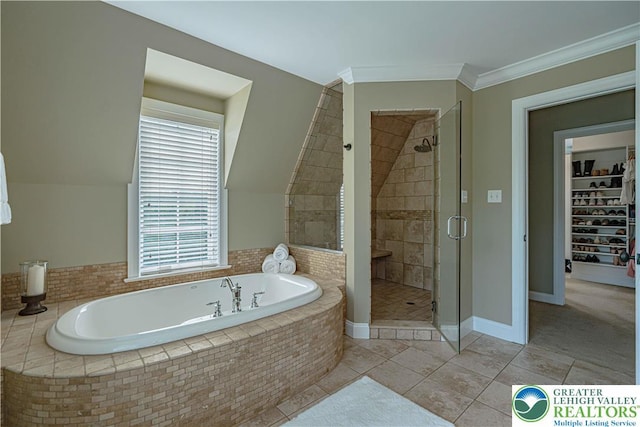 3054 Jordan Rd, North Whitehall Twp, PA 18069 - full bathroom with a garden tub, a shower stall, healthy amount of natural light, tile patterned flooring, and ornamental molding
