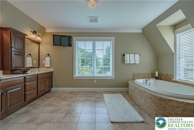 3054 Jordan Rd, North Whitehall Twp, PA 18069 - full bathroom with double vanity, a garden tub, crown molding, and tile patterned floors