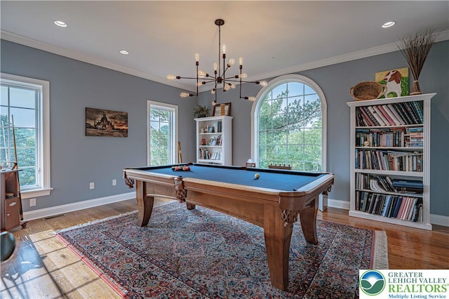 3054 Jordan Rd, North Whitehall Twp, PA 18069 - playroom with healthy amount of natural light, wood finished floors, ornamental molding, pool table, and recessed lighting