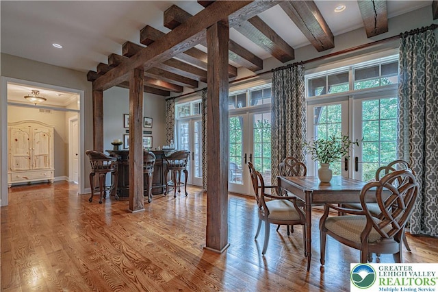 3054 Jordan Rd, North Whitehall Twp, PA 18069 - dining area with french doors, beam ceiling, wood finished floors, and ornamental molding