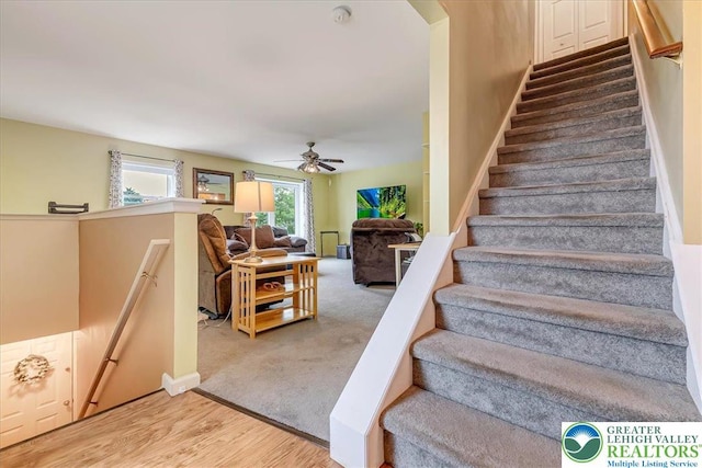 617 Lehigh Gap St, Walnutport Boro, PA 18088 - stairway with a ceiling fan, wood finished floors, and carpet