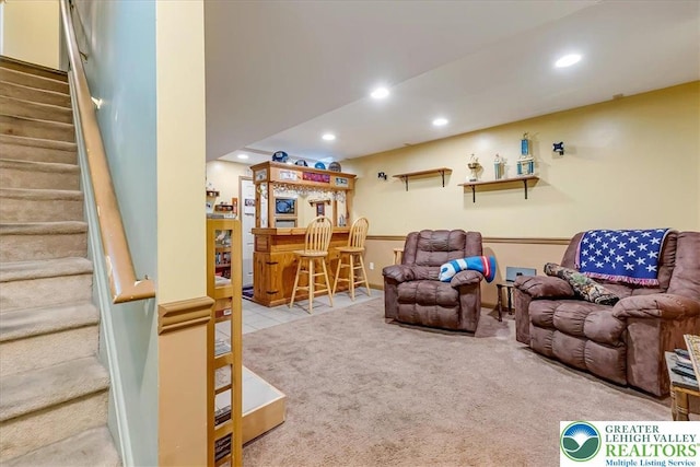 617 Lehigh Gap St, Walnutport Boro, PA 18088 - living room featuring a bar, recessed lighting, stairway, carpet, and tile patterned flooring