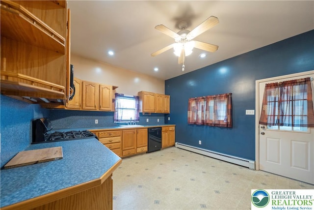20 N 3rd St, Coplay Boro, PA 18037 - kitchen featuring dishwasher, a baseboard heating unit, gas stove, ceiling fan, and recessed lighting