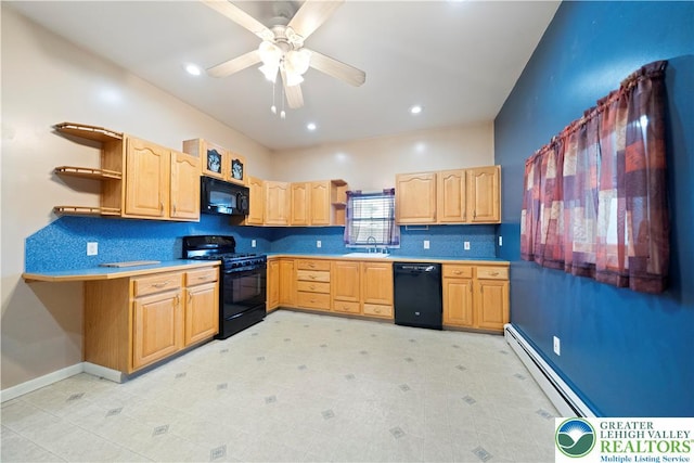20 N 3rd St, Coplay Boro, PA 18037 - kitchen featuring black appliances, a baseboard radiator, open shelves, light brown cabinetry, and a ceiling fan