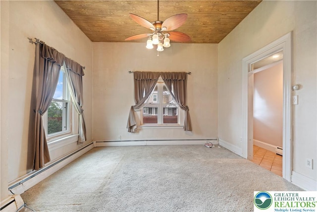 20 N 3rd St, Coplay Boro, PA 18037 - carpeted spare room featuring wood ceiling, baseboard heating, plenty of natural light, ceiling fan, and tile patterned floors