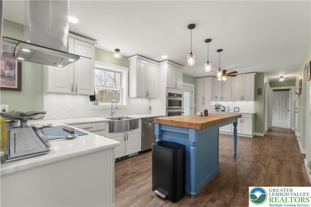 1661 Marjorie Ct, Middle Smithfield Twp, PA 18302 - kitchen featuring butcher block countertops, appliances with stainless steel finishes, island range hood, a breakfast bar, and ceiling fan