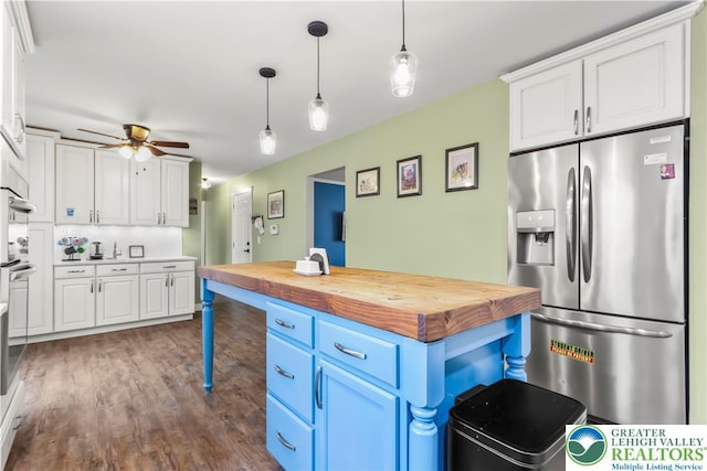 1661 Marjorie Ct, Middle Smithfield Twp, PA 18302 - kitchen featuring stainless steel fridge, wooden counters, white cabinetry, and ceiling fan