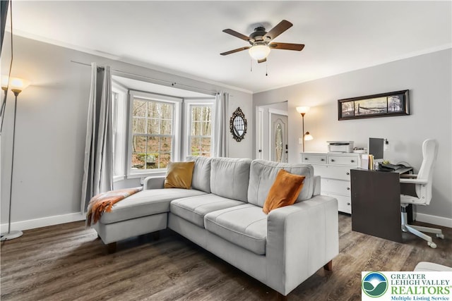 1661 Marjorie Ct, Middle Smithfield Twp, PA 18302 - living area featuring ceiling fan, ornamental molding, dark wood-type flooring, and an office area