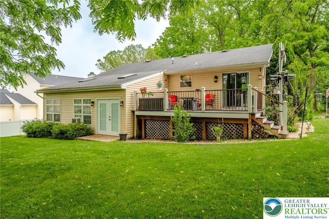 3195 Audubon St, Palmer Twp, PA 18045 - rear view of property featuring french doors, a wooden deck, a yard, and stairway