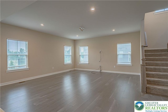 3610 Sweet Meadow Ct, Macungie Boro, PA 18062 - unfurnished living room with stairway, dark wood finished floors, and recessed lighting