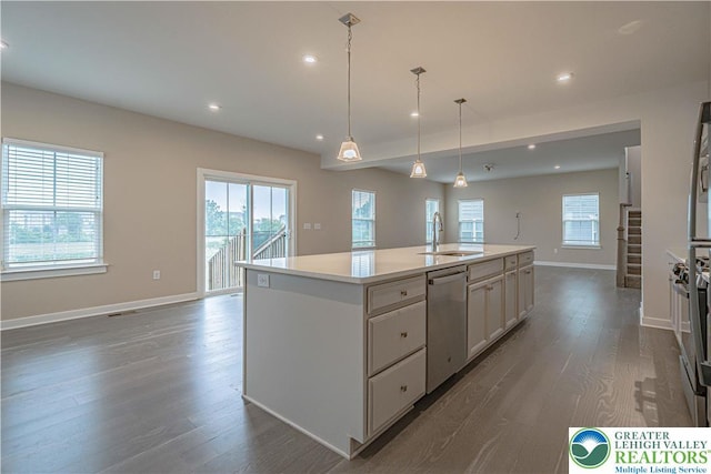 3610 Sweet Meadow Ct, Macungie Boro, PA 18062 - kitchen featuring dishwasher, dark wood-style flooring, an island with sink, light countertops, and recessed lighting