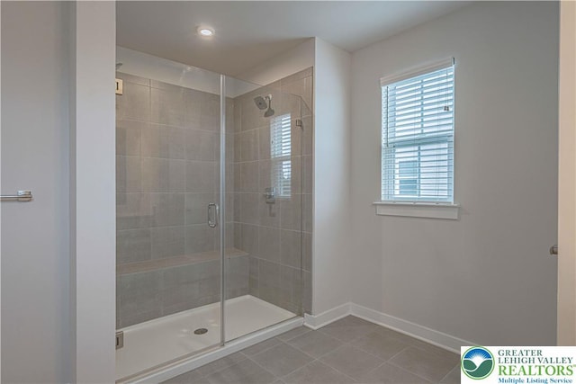 3610 Sweet Meadow Ct, Macungie Boro, PA 18062 - bathroom featuring tile patterned floors, a stall shower, healthy amount of natural light, and recessed lighting