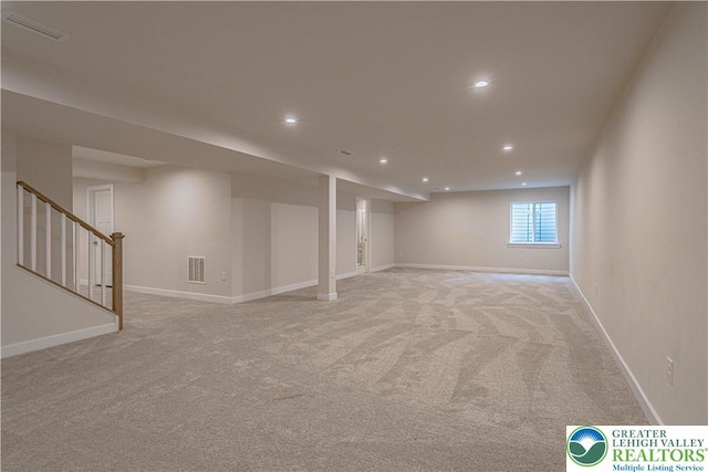 3610 Sweet Meadow Ct, Macungie Boro, PA 18062 - below grade area with light carpet, recessed lighting, and stairway