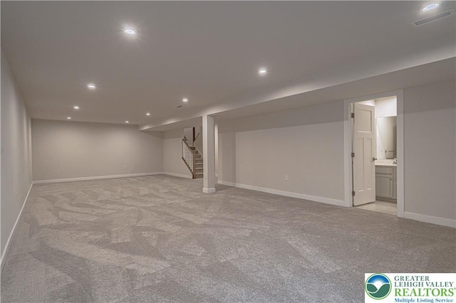 3610 Sweet Meadow Ct, Macungie Boro, PA 18062 - finished below grade area with light colored carpet, recessed lighting, and stairs