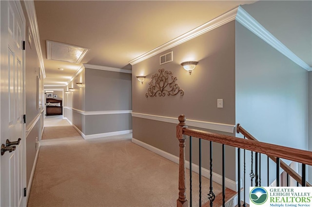 6532 Forest Knoll Ct, Upper Macungie Twp, PA 18106 - hall featuring attic access, carpet flooring, crown molding, and an upstairs landing