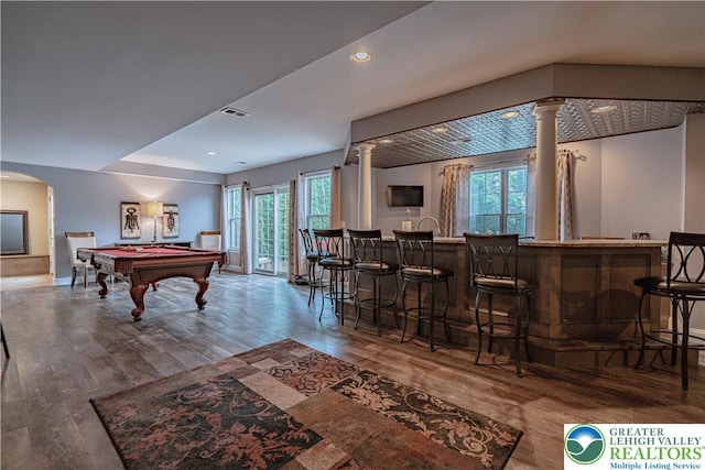 6532 Forest Knoll Ct, Upper Macungie Twp, PA 18106 - playroom featuring decorative columns, bar area, billiards, plenty of natural light, and recessed lighting