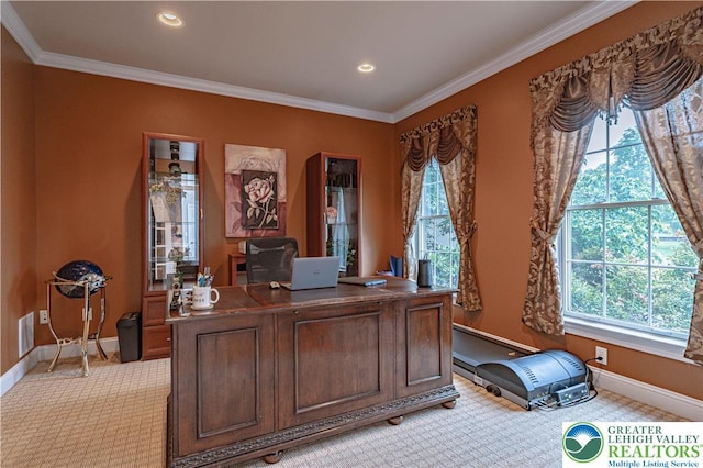 6532 Forest Knoll Ct, Upper Macungie Twp, PA 18106 - home office with light carpet, crown molding, and recessed lighting
