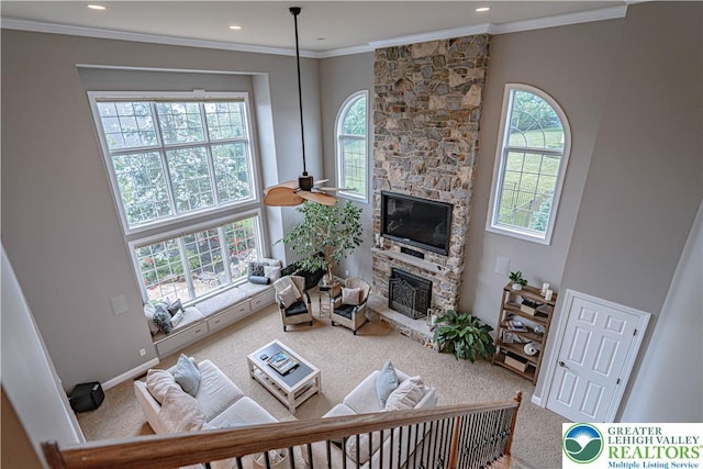 6532 Forest Knoll Ct, Upper Macungie Twp, PA 18106 - living room featuring healthy amount of natural light, a fireplace, carpet, a ceiling fan, and recessed lighting