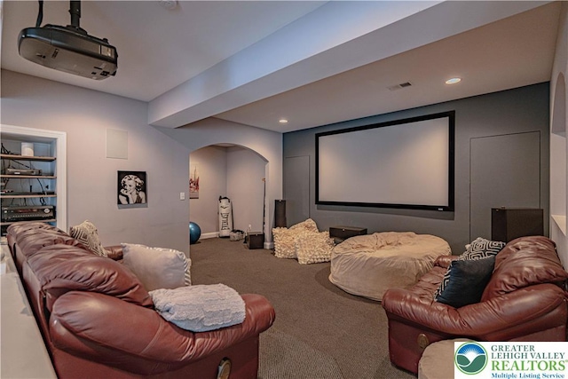 6532 Forest Knoll Ct, Upper Macungie Twp, PA 18106 - carpeted home theater room featuring arched walkways and recessed lighting