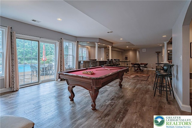 6532 Forest Knoll Ct, Upper Macungie Twp, PA 18106 - playroom featuring decorative columns, wood finished floors, pool table, a community bar, and recessed lighting