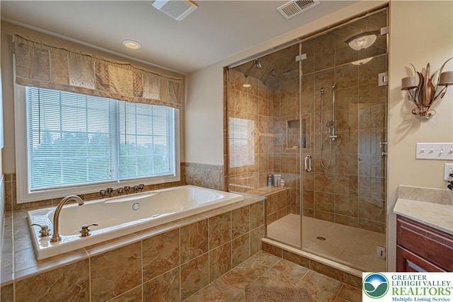 6532 Forest Knoll Ct, Upper Macungie Twp, PA 18106 - bathroom featuring a bath, a stall shower, and vanity
