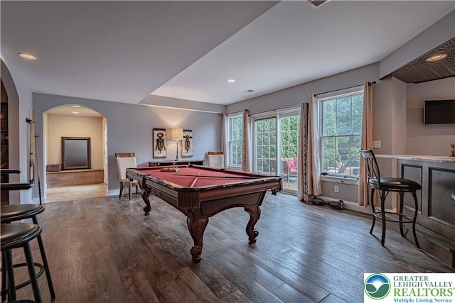 6532 Forest Knoll Ct, Upper Macungie Twp, PA 18106 - playroom with wood finished floors, billiards table, arched walkways, and recessed lighting
