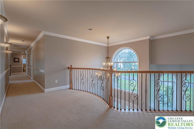 6532 Forest Knoll Ct, Upper Macungie Twp, PA 18106 - hallway with a chandelier, crown molding, and carpet floors