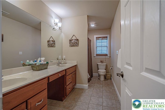 6532 Forest Knoll Ct, Upper Macungie Twp, PA 18106 - bathroom featuring double vanity, tile patterned flooring, and curtained shower