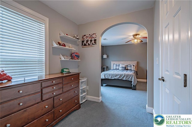 6532 Forest Knoll Ct, Upper Macungie Twp, PA 18106 - carpeted bedroom with arched walkways and ceiling fan